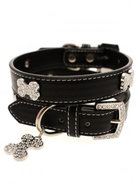 Urban Pup Black Leather Diamante  Collar